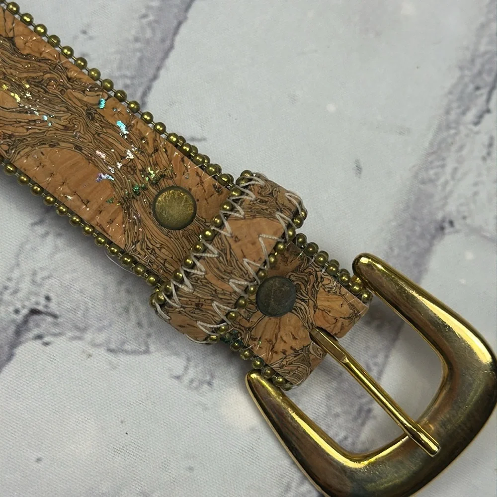 Absolutely Fresh Vintage Bonded Leather Belt Cork Print Metallic Flecks Beaded